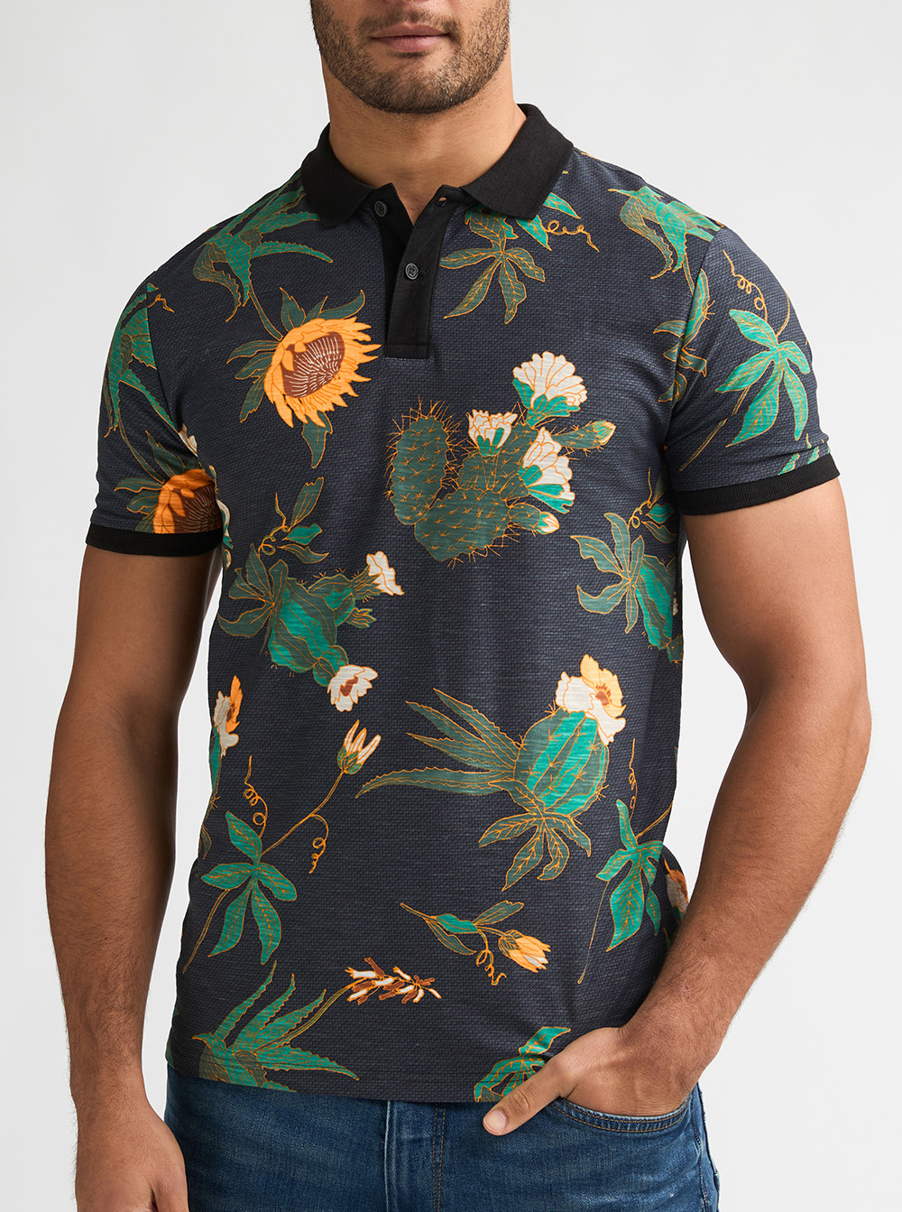 Petrol Industries Navy Gebloemde Polo - M-1060-POL908